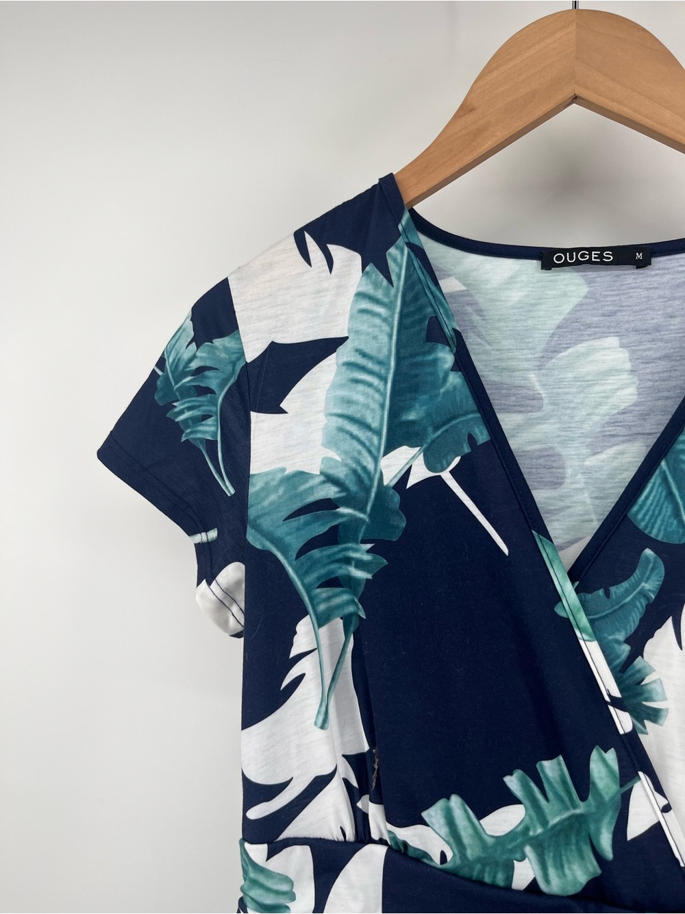 Tropical Palm Leaf Maxi Dress Medium Navy Blue White Resort Vacation Pockets - Picture 5 of 8